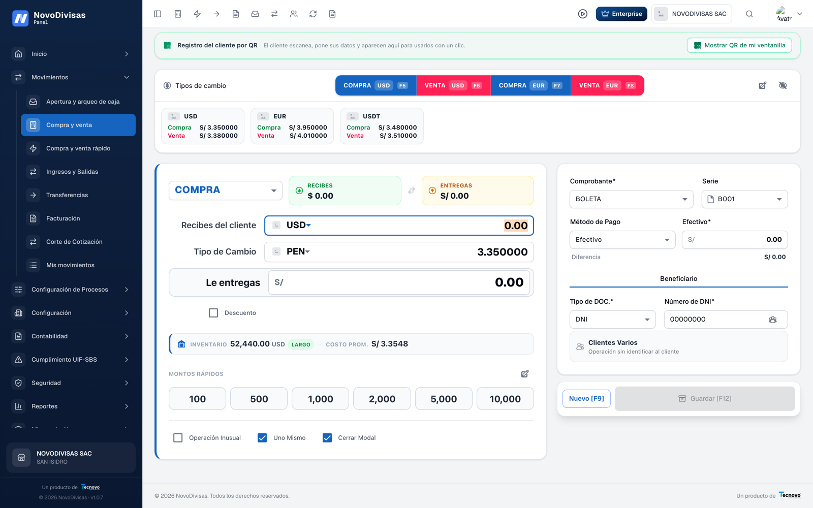 Registro de compra y venta de divisas en NovoDivisas